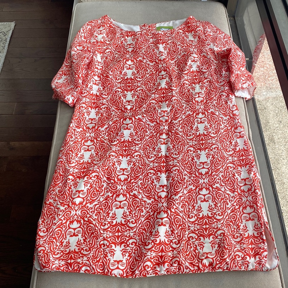 Elizabeth McKay Silk Orange and White Abstract Tiger Print Dress - 6
